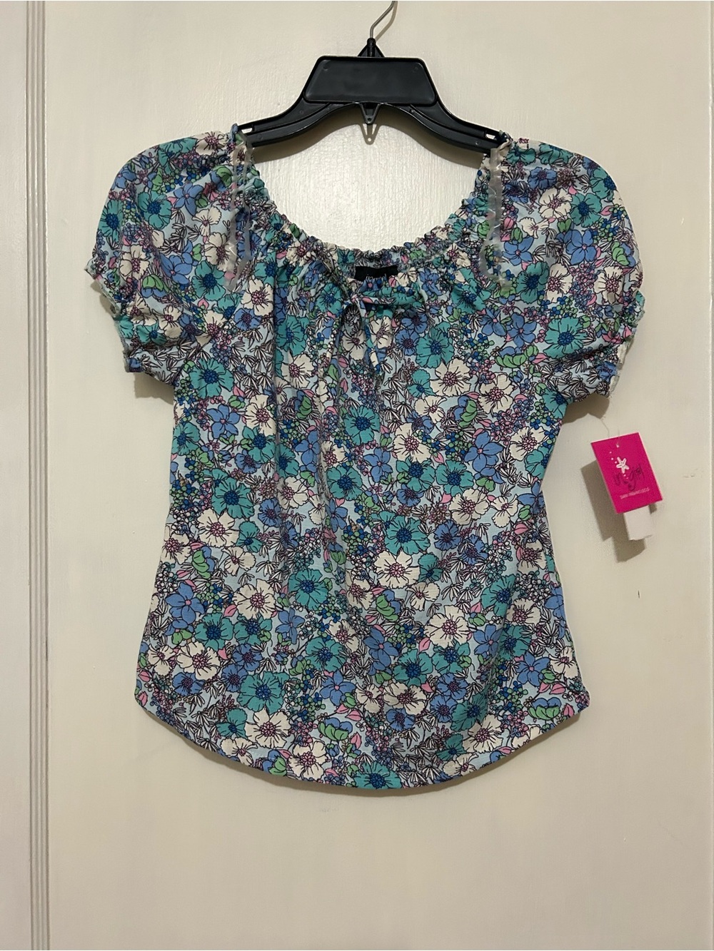 Floral Puff-Sleeve Peasant Blouse in Teal & Blue